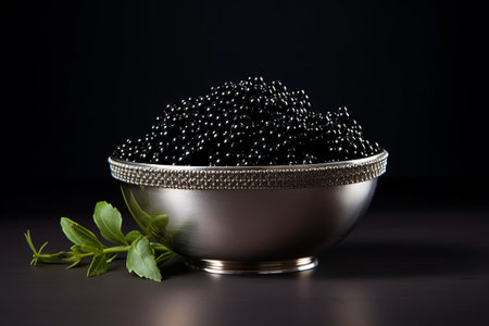 Glamorous Contrasts: A Captivating Composition of a Metal Bowl and Black Caviar Against a Grey Backgroundの素材