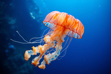 A Mesmerizing Encounter: Vibrant Orange Nettle Jellyfish Amidst a Tranquil Blue Background --AR 3:2の素材
