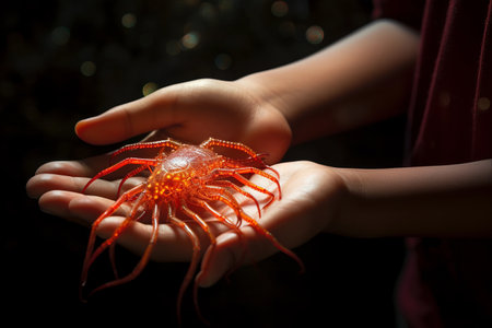 Exploring the Fascinating Oceanic World: A Child's Hand holds a Brittle Star in Close-upの素材