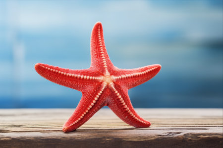 Enchanting Encounter: Captivating Close-up of Red Starfish Seashell on Weathered Wooden Boardの素材