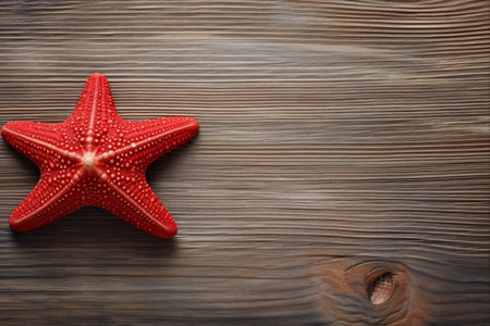 Vintage Charm: Captivating Red Starfish Seashell on Weathered Wooden Boardの素材