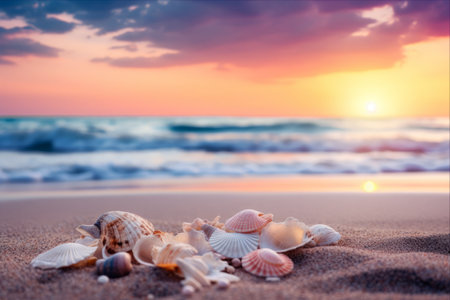 Serenity Unveiled: A Sunset Beachscape with Seashells and Seascapeの素材