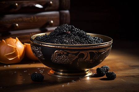 Exquisite Delicacy: Black Caviar in the Luxurious 3:2 Bowl Onboardの素材