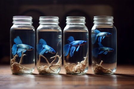 Captivating Beauty: Graceful Blue Guppy Fish Enthrall in Jar-filled Oasis - AR 3:2の素材