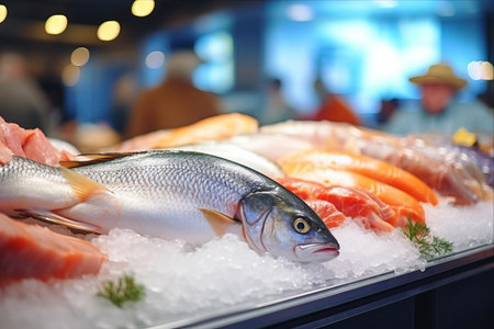 Mesmerizing Hues: Crystal Clear View of Fresh Fish Seafood in Chilled Display â Enigmatic Beauty of Raw Delicacies Defocused at Retail Storeの素材