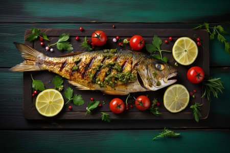 Savour the Grilled Delights: Tasty Dorado Fish on a Green Wooden Canvas (AR 3:2)の素材