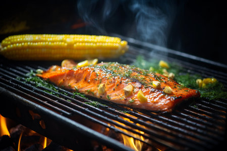 Savory Summer Delights: Grilled Fresh Salmon and Corn on the Cob for a Perfect BBQ Experienceの素材