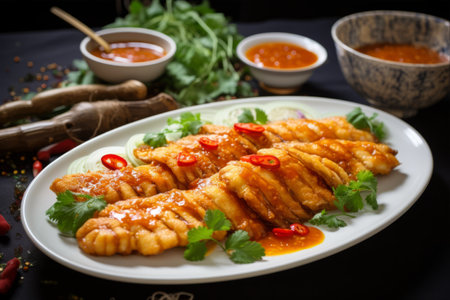 Crunchy Mango Fish Tail Delight: A Perfect blend of Spicy and Sweet, served with a tantalizing sauce - AR 3:2の素材