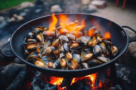 Mussel Magic: Exquisite Top-View Cooking on a Roast Fire Stove in Thailandの素材