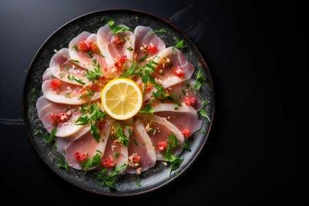 Luscious Lemon Fish Carpaccio: A Delightful Blend of Variety on a Dark Canvasの素材