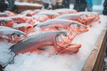 Captivating Display of Fresh Salmon Steaks on Ice at Fish Marketの素材