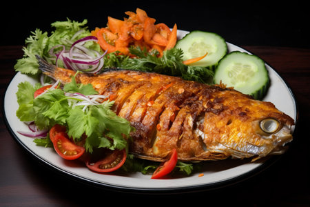 Crispy Fried Fish Delight: A Perfect Blend of Veggies and Zesty Saladの素材