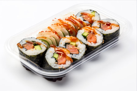 Delicious Japanese Prawn and Cucumber Rolls on a Stylish Disposable Plateの素材