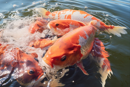 Vibrant Chinese Carp Gathering: Hungry Gold Fish Plea for Food in Scenic Pondの素材