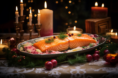 Festive Salmon Delight: A Mouthwatering Christmas Dinner with Roasted Fish, Advent Wreath, and Candlelit Decorationsの素材