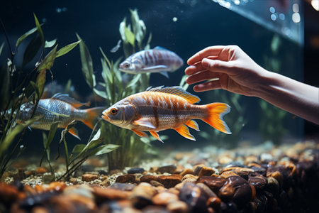 Nurturing Aquatic Ecosystem: Exploring Fish Tank Maintenance Through Hand-Feeding in Freshwater Aquariums -AR 3:2の素材