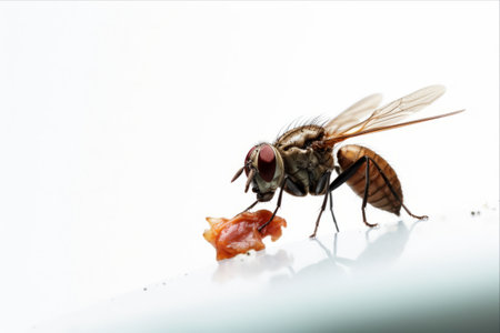 Intriguing Macro Shot: Fly Devouring Dried Fish Against Crisp White Background - Captivating 3:2 Aspect Ratioの素材