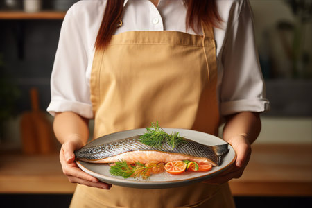 The Delightful Serenity: Captivating Housewife Chef Presents a Perfectly Grilled Salmon Trout Fillet in a Mesmerizing Settingの素材