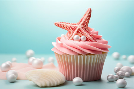 Dazzling Mermaid-themed Birthday Cupcake with Fondant Icing and Stunning Pearl Decorations: A Delicious Homemade Delight!の素材