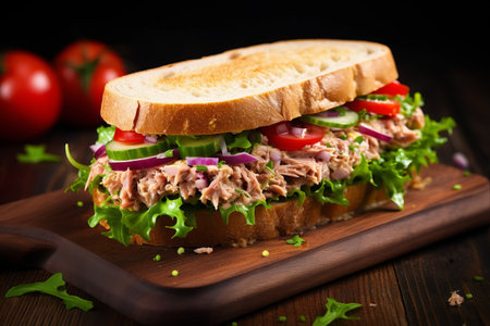 The Ultimate Tuna Delight: A Scrumptious Sandwich Delightfully Layered with Lettuce, Tomato, and Onion - Captured from Above in a Rustic Setting!の素材