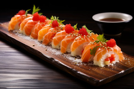 Sake Tataki: A Fusion of Tradition - Delight in Salmon, Tobiko, Apple, and Cheese Sushiの素材