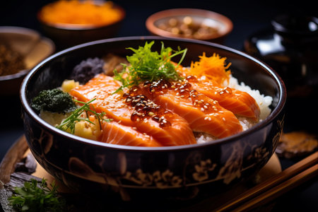 Japanese Delight: Salmon Kabutoni Steamed with Sweet Soya Sauce, Golden Needle Mushroom and Sliced Ginger, Served on Riceberry Rice in a Traditional Bowlの素材