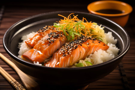 Flavors of Japan: Salmon Kabutoni Steamed in Sweet Soya Sauce, Savory Golden Needle Mushroom, and Fresh Ginger, Served atop Riceberry Rice in an Authentic Japanese Bowlの素材