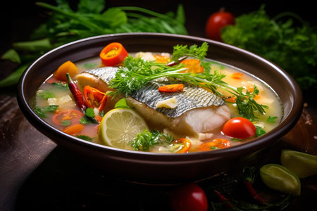 Savour the Delightful Medley of Fresh Fish and Garden Vegetables in Closeup Fish Soup --ar 3:2の素材