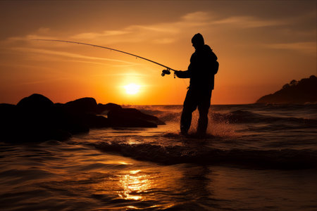 The Coastal Angler: A Serene Silhouette by the Beachの素材