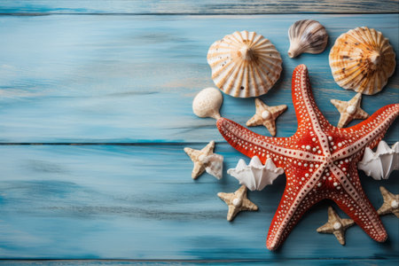 Underwater Treasures: A Diving Mask Adorned with Starfish and Shells on a Blue Wooden Background -- AR 3:2の素材
