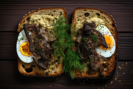 Delectable Top-View of Savory Smoked Sprat Egg Sandwichesの素材