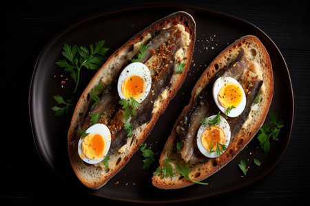 Delicious Smoked Sprat Egg Sandwiches Captured in a Stunning 3:2 Top Viewの素材