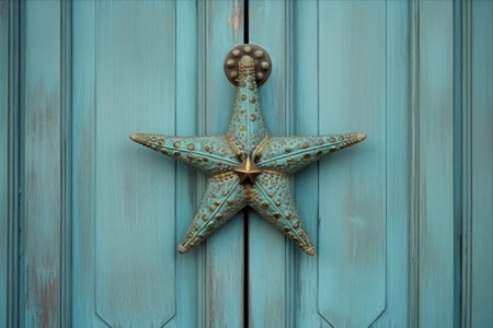 Vintage Charm: A Starfish-Shaped Brass Knocker Adorns the Door, Welcoming You to a Beautiful Houseの素材