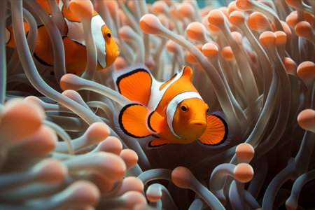Harmonious Symbiosis: Clown Fish and Anemones Dance Amidst Delicate Tentaclesの素材