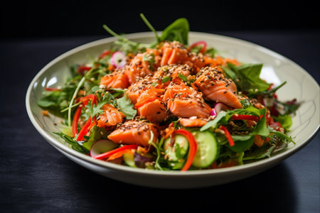 Savor the Exquisite Delight of Spicy Salmon Salad, Enhanced by Fresh Raw Salmon | AR 3:2の素材