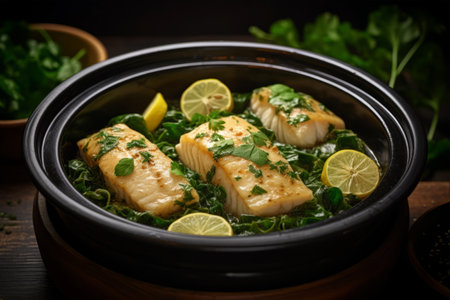 Crock-Pot Delight: Succulent Cod Fillet and Steamed Greens Captured in Selective Focus (AR 3:2)の素材
