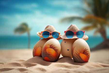 Sunny Easter Fun: Playful Easter Eggs Sport Sunglasses and Hats on Sandy Beach -AR 3:2の素材
