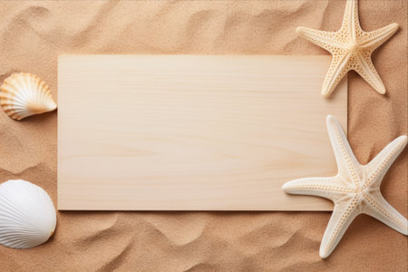 Minimalism Template: Empty Wood Board Canvas with Starfish and Copy Space for Textの素材