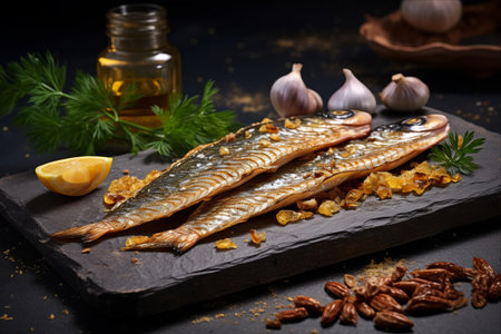 Cold Smoked Mackerel with Onion Slices, Sea Salt, and Dijon Mustard on Stone Backgroundの素材