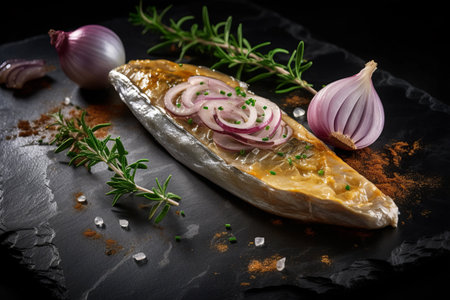 Culinary Delight: Artfully Presented Cold Smoked Mackerel with Onion Slices, Sea Salt, and Dijon Mustard on a Stone Backgroundの素材