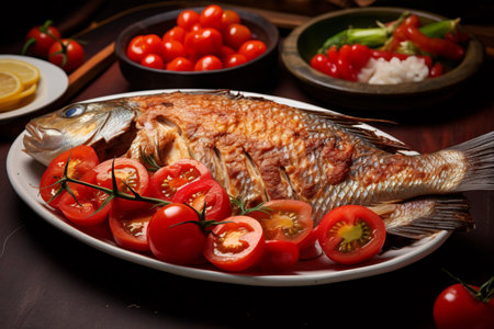 Fiery Delight: Tilapia Fish Head with Tomatoes and Red Chillies Served for Lunchの素材