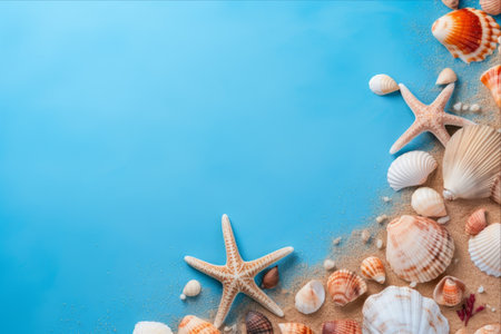 Serenity of the Deep: Exploring Exotic Sea Shells and Starfish on a Tranquil Blue Backgroundの素材