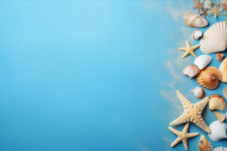 Seaside Treasures: Exotic Sea Shells and Majestic Starfish on a Blue Canvas - A Captivating Top View and Ample Room for Text âAR 3:2の素材