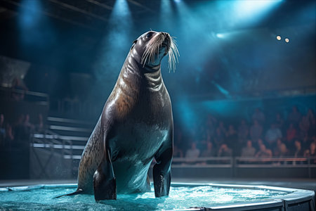 Captivating Dolphinarium Presentation Featuring Trained Sea Lions and Seals on the Platformの素材