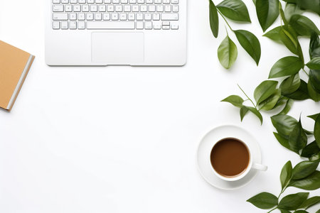 Productive Workstation: Captivating Flat Lay Office Setup with Laptop, Notebooks, and Coffee Cup on a Pristine White Backgroundの素材