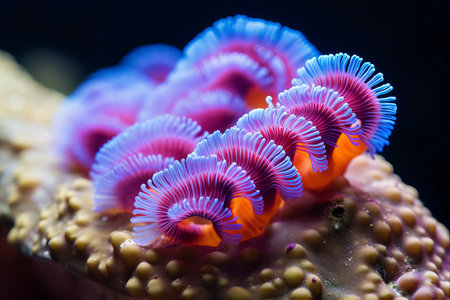 Vibrant Festive Display: Colourful Christmas Tree Worms (Spirobranchus giganteus) Adorn a Hard Coral Canvas - AR 3:2の素材
