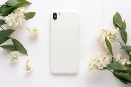 Elegant Phone Mockup Featuring Acacia Flowers on White Table: A Stunning Flat Lay Compositionの素材
