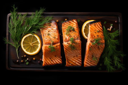 Tempting Tastes: a Scrumptious Feast of Grilled Salmon from a Bird's Eye Viewの素材