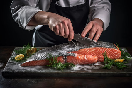 Master Chef Demonstrates a Succulent Salmon Steak Recipe. A Captivating Display in the Hands of a Skilled Cook! Ideal for Banner Ads, Menus, and Recipe Placements. - AR 3:2の素材