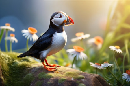 Captivating Atlantic Puffins of Farne Islands: A Majestic Sight in Northumberland, England, UKの素材